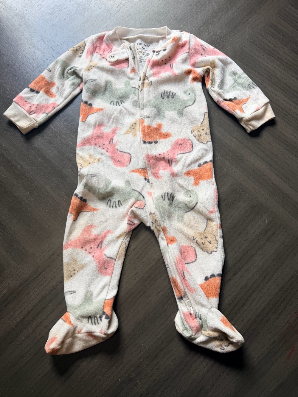 Carter's White Fleece Footed One-Piece with Pink, Green & Orange Dino Print